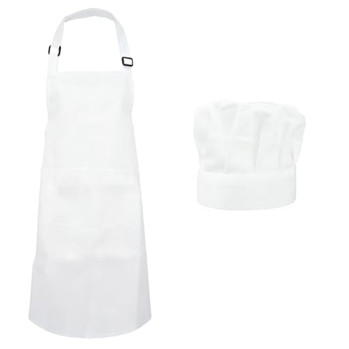 Wriligel Juego Delantal Cocina Blanco y Gorra Cocinero, Poliéster Impermeable Ajustable con Bolsillos, Disfraz Panadero para Hombres y Mujeres, Cocina Restaurante Repostería