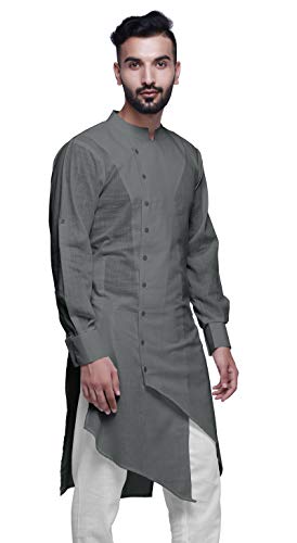 Image of Atasi Long Sleeve Mens Kurta Solid Cotton Flex Mens Long Kurta Shirt-XXXX-Large Gray