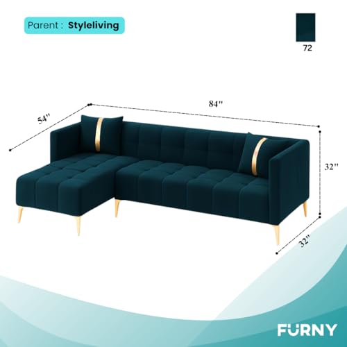 Image of Furny Styling 4 Seater Fabric LHS L Shape Sofa Set (Greenish Teal) | Soft Velvet Fabric | Modern Design | Comfortable Seating | Living Room Furniture