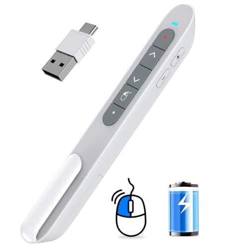 Image of DINOSTRIKE White Presentation Clicker with Air Mouse Control, USB Type C Wireless Presenter Remote Clicker for Powerpoints Slide RF 2.4GZ Slide Advancer for Computer Laptop Mac