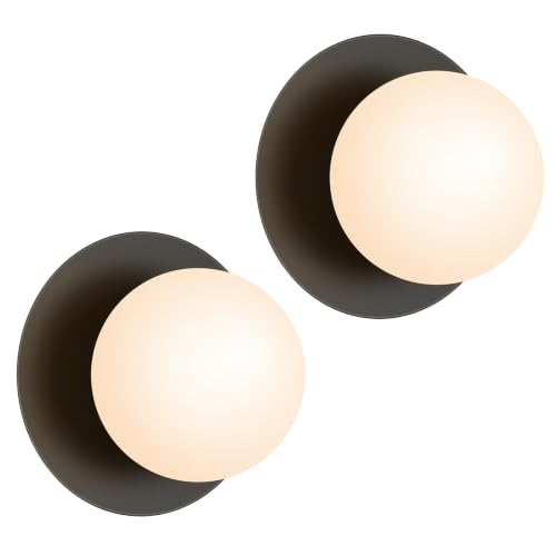 Image of Mid-Century Wall Sconces Ceiling Light Fixture,Black 2 Pack | Modern Globe Sconces Indoor Hardwired Wall Lights for Hallway Office Porch Bedroom Living Room Stairway