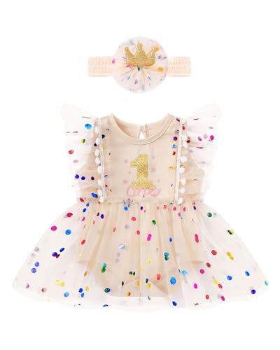 Coedody Baby Girl 1st Birthday Outfit First Clothes One Year Old Gifts Romper Tulle Summer Dress Bodysuit Cake Smash Outfits Apricot 12-18 Months
