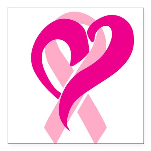 CafePress Breast Cancer Ribbon and Heart Square Car Magnet 3 Square Car Magnet, Magnetic Bumper Display