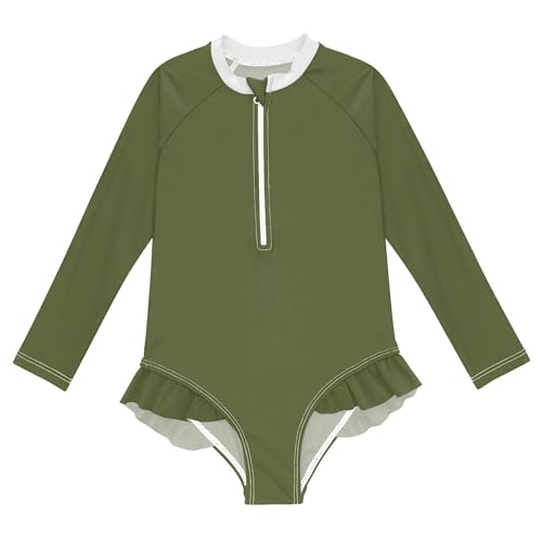 Plain Army Green Baby Girl Bathing Suit Long Sleeve UPF 50+ One Piece Toddler Swimsuit Size 3T
