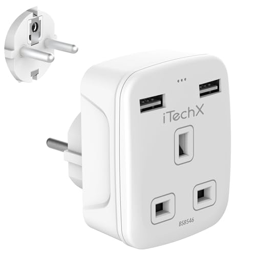Uk To European Plug Adapter, Grounded Eu Europe Schuko Travel Power Adaptor With 2 Usb Ports,Continental Plug UK to EU Euro France Iceland Germany Spain Greece Portugal Poland Netherlands Type E/F