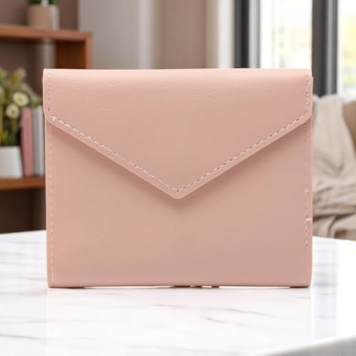 1Pcs Simple Wallet 3-Fold Solid Color Wallet PU Leather Baby Pink 11.3x9.6cm