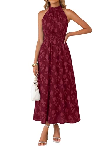 Image of Simplee Womens Summer Halter Maxi Dress Boho Floral Wedding Guest Dress Flowy Sleeveless Long Sundresses with Pockets