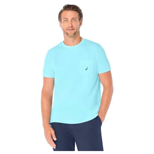Nautica mens Solid Crew Neck Short Sleeve Pocket T-shirt T Shirt, Bright Aqua Blue, Large US