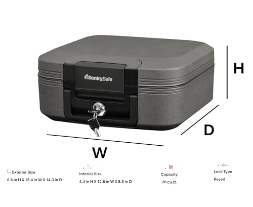 SentrySafe Dark Gray Fireproof and Waterproof Safe with Key Lock, Chest Lock Box with Carrying Handle for Travel, 0.28 Cubic Feet, 6.6 x 15.4 x 14.3 Inches, CFW20201