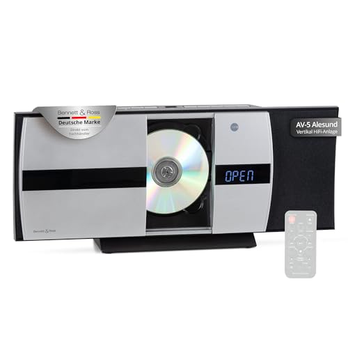 Bennett & Ross Ålesund Vertikal Stereoanlage - HiFi Microanlage mit CD-Player, MP3, UKW-Funktion, USB und Bluetooth mit NFC - Standaufstellung oder Wandmontage - Fernbedienung - Silber