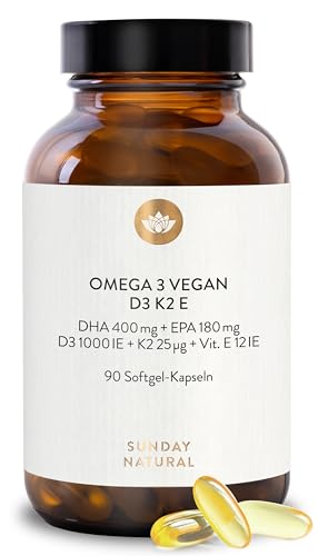 SUNDAY NATURAL® D3 K2 Omega 3 Vegan – Premium K2 MK7 99,8% All-Trans 25µg, 1000mg Algenöl DHA + EPA, 1.000IE Vitamin D3 pro Kapsel – 90 Softgel Kapseln – Laborgeprüft