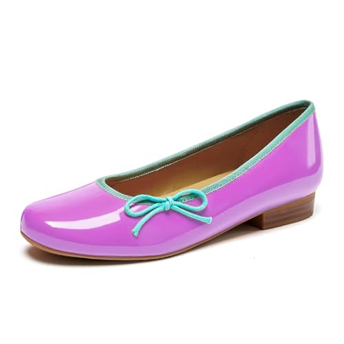 Lutalica W Women's Vintage Round Toe Patent Leather Two-Toned Comfort Dress Bow Ballet Flats Shoes