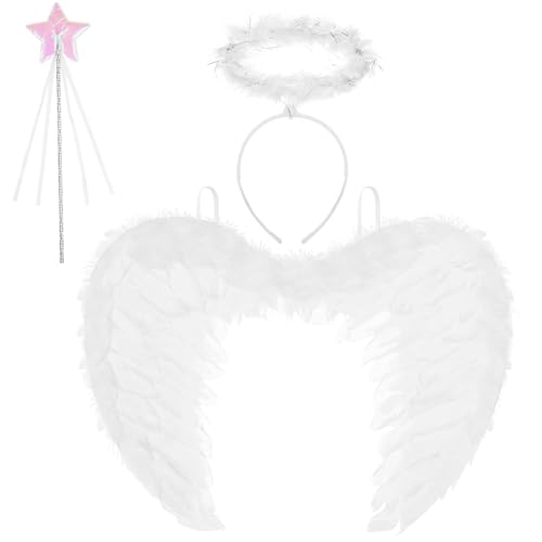 AUYAO Ailes d'ange Blanches pour Enfants, 4Pcs Costume Ailes d'ange avec Auréole, Déguisement Ange Costume d'halloween, Ailes de Plumes Blanc Femme Filles...