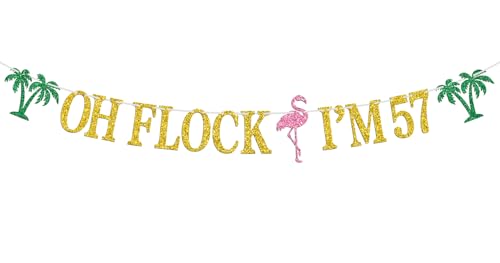 Image of Oh Flock I'm 57 Banner, Glitter Happy 57th Birthday Anniversary Party Decorations, Pineapple Party Decor, Hawaiian Luau Tropical Aloha 57 Theme Party Photo Props