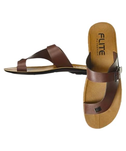 Image of Men's FLITE PUG42 Brown PU Fashion Toe Ring Sandals with Buckle Strap, Casual Slip-On Chappal