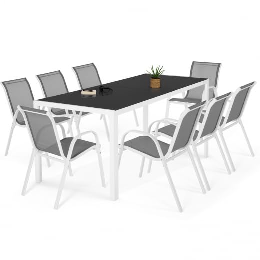 IDMarket - Salón de Jardín Madrid Mesa 190 CM y 8 sillas apilables Estructura Blanca Bandeja Gris