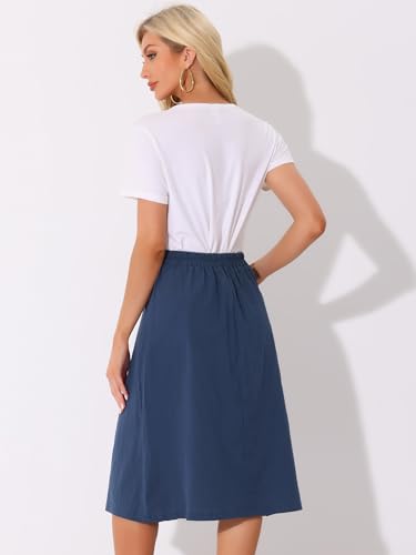 Allegra K Midi Skirts for Women Casual High Elastic Waist Button Pleated Linen A Line Skirts with Pockets3
