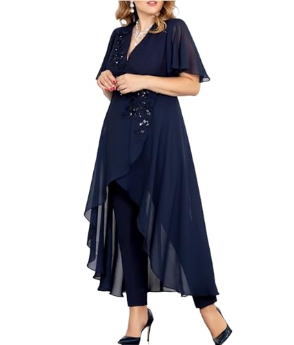 Chiffon Beaded Pantsuits for Women 2 Pieces Mother of The Bride Dresses V Neck Pant Suits for Weeding2