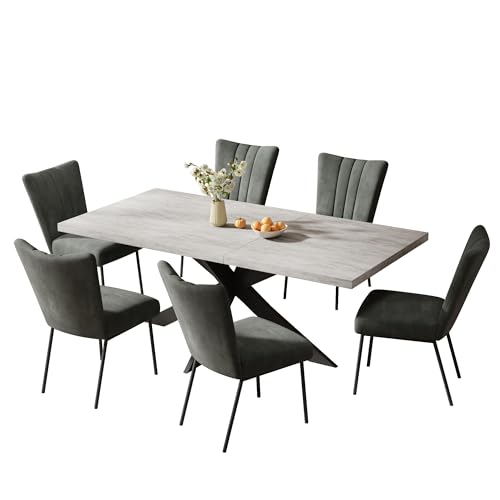 ZckyCine 6-Piece Extendable Dining Table Set, Modern 63''–79'' Grey Wood Table with 6 Grey Fabric Chairs, Dining Room Table and Chairs for 6, Ideal for Kitchen or Dining Room - Image 4