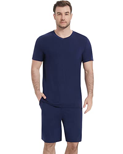 Image of NACHILA Pajamas for Men Pj Short Sleeve Sleepwear with Shorts V Neck Loungewear Cool Pajama,Viscose Made from Bamboo