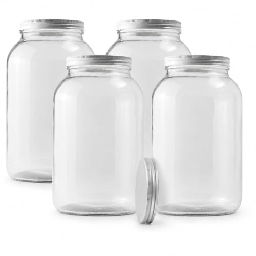 Image of FastRack 4-Pack 1 Gallon Glass Jar with 5 Airtight Metal Lids (1 Extra Bonus Lid) | Wide Mouth Jars for Fermenting, Pickling, Sourdough Starter, and Home Brewing | Heavy Duty Food Storage Canisters