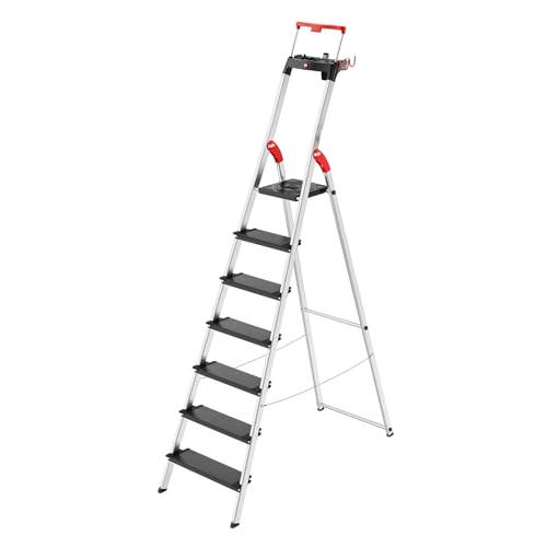 Hailo Topline L100 Escalera de tijera de aluminio de seguridad, 7 peldaños XXL de hasta 150 kg, escalera de pie con soporte extensible, bloqueo de plataforma, muchos accesorios, escalera de aluminio