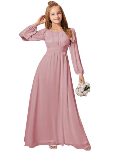 MRHUSH Junior Bridesmaid Dresses Chiffon Flower Girl Dress Long Sleeve Girls Formal Dresses Pleated Wedding Party Dress3