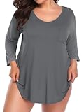 BELAROI Womens Plus Size Tunic Tops 3/4 Sleeve V Neck T Shirts Basic Tee Loose Blouses with Pocket(3X,Deep Gray)