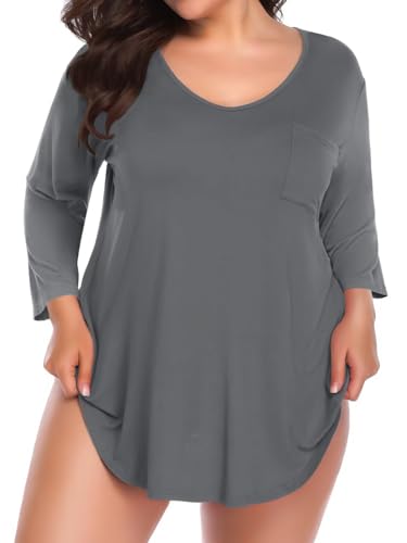 BELAROI Womens Plus Size Tunic Tops 3/4 Sleeve V Neck T Shirts Basic Tee Loose Blouses with Pocket(3X,Deep Gray)