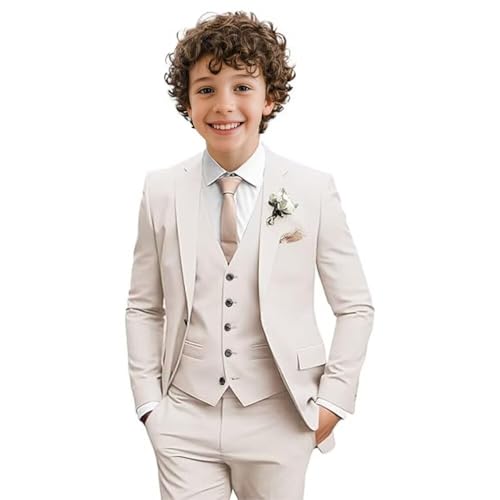 Baby Boy Suit Set Slim Fit 3 Pieces Formal Dresswear Ring Bearer Outfit Tuxedo for Boy Solid Toddler First Communion Apparel Cute Beige Size 2