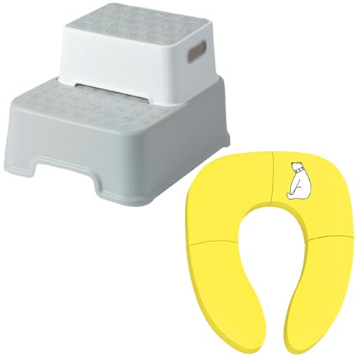 LINXAS 補助便座 おまる 折りたたみ トイレトレーニング 子供用 幼児用便座 キッズ用便座 子どもトイレ ベビー補助便座 (3WAY踏み台(グレー)+(補助便座しろくまさん・イエロー)セット)