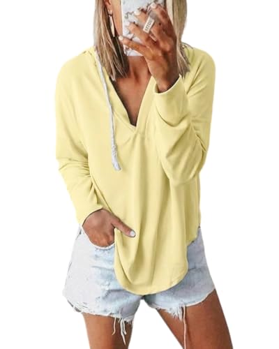 Image of Womens Long Sleeve V Neck Hoodie Sweatshirts Lightweight Pullover Tops
