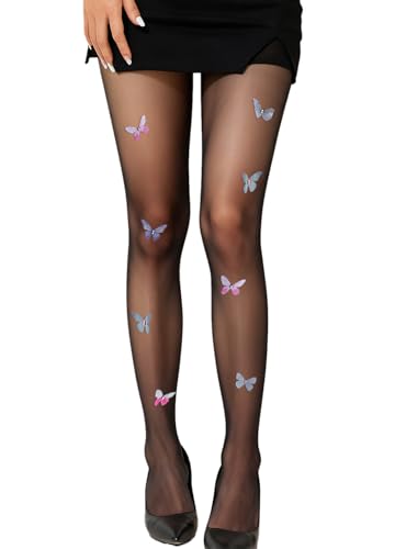 Image of Erinaco Women's Flower Pattern Sheer Footed Pantyhose Control Top Tights Stockings with Reinforced Toes