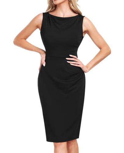 MINTLIMIT Women's Sheath Dress Boat Neck Sleeveless Ruched Slim Work Pencil Dresses