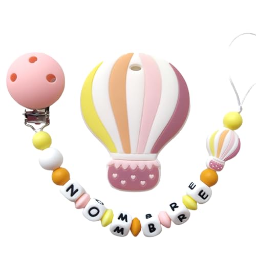 Lindo Bebé- Más colores... | Colección Balloons | Sujetachupetes personalizado con nombre del bebé | Libre BPA | A partir de +0 meses | Chupetero (f.- Pack Pink)