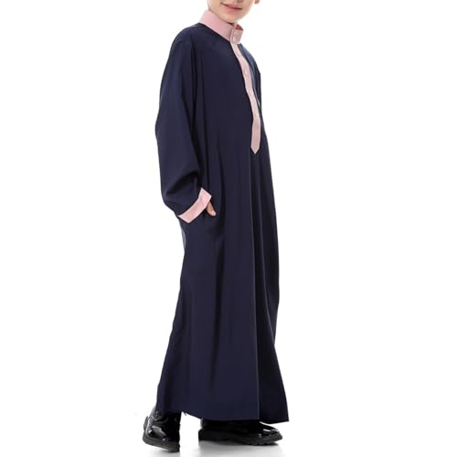 Boys Muslim Thobe Kids Long Sleeve Muslim Kaftan Button Stand Collar Solid Color Prayer Clothes Eid Outfits with Pocket2