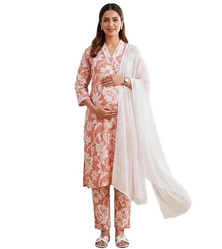 Image of DUMMY SHAPE Maternity Dresses for Women Cotton | Floral Kurta Pant Dupatta Set with Nursing Zippers, Side Pocket | Pre & Post Pregnancy | Feeding Kurti Suit | Baby Shower | Gifts for Pregnant Woman