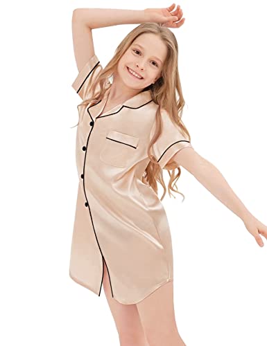 Swomog Girls Silk Satin Nightgowns Cute Sleep Dress Button-Down Pjs Tops Short Sleeve Sleepshirt Champagne #TOP3