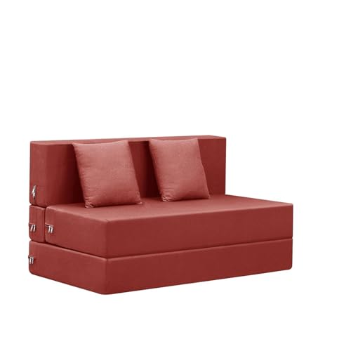 Image of Foldable Sofa Bed Red Jute Fabric Sofa Cum Bed | 2-Seater 4x6 Convertible Sofa with Cushion | Ideal for Home & Office, Guest Room