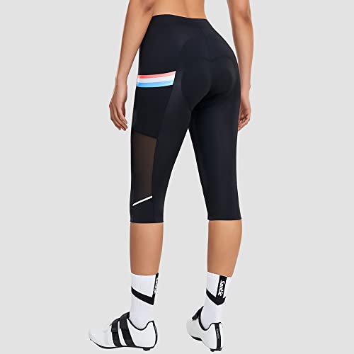 Santic Calça feminina de ciclismo acolchoada 4D cintura alta leggings de ciclismo de malha respiráve