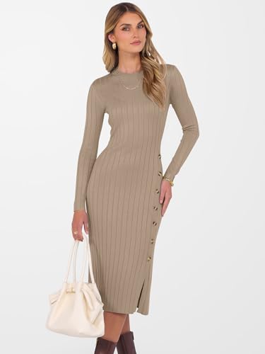 ANRABESS Womens 2025 Fall Long Sleeve Midi Dress Ribbed Knit Bodycon Fitted Button Down Wedding Guest Slit Sweater Dresses
