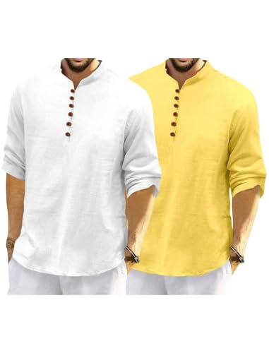 Image of Macsivo Men's Cotton Blend Kurta with Solid Band Collar Full Sleeve Button Closure Regular Fit Curved Hem Length | Kurta for Man | Combo Pack of 2
