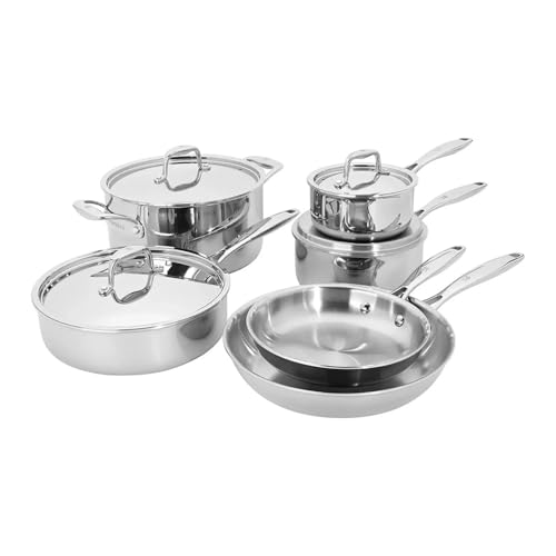 ASerZenith 10 pc 3 Ply Stainless Steel Pots and Pans Set Cookware Set Fry Pan Saucepan with Lid Saute Pan,Stainless Steel