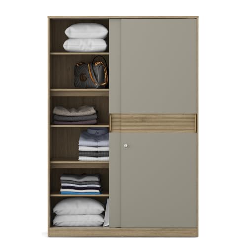 Image of Spacewood Olivra 2 Door Sliding Wardrobe | Santana Oak & Modern Ash Finish | Engineered Wood Almirah with Multiple Shelf & 1 Hanging Spaces | Bedroom Cupboard Almari | 3-Year Warranty