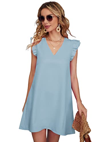 Image of Floerns Women's Solid V Neck Ruffle Trim Cap Sleeve Summer Tunic Dress