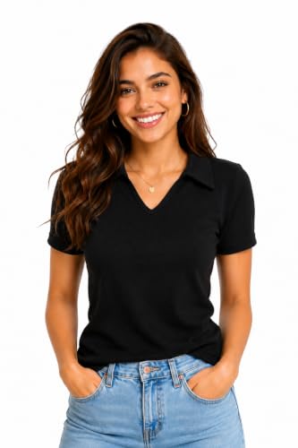 Image of Women's Ribbed V Neck Collared, Casual Short Sleeve Polo Top, Stretch Knit, Soft Lightweight Summer Basic Tee for Office, Work, Travel