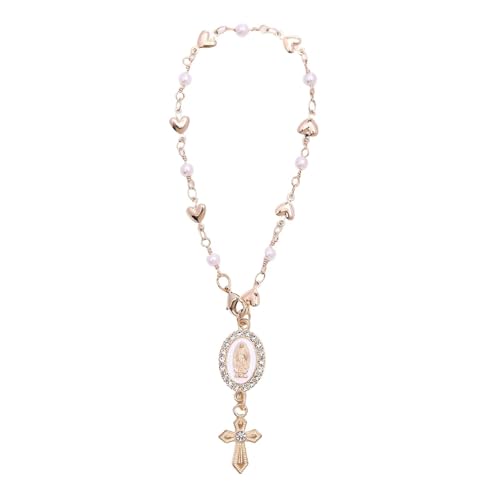Steering Wheel Rosary Charm Steering Wheel Accessory with Virgin Mary Charm & Cross Pearl Heart Chain Catholic Car Interior Hanging Decor (White)