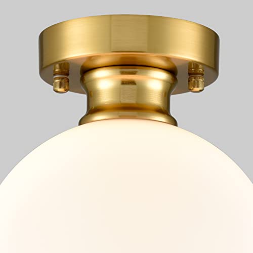 Image of Gold Semi Flush Mount Ceiling Light with Milk Opal Glass Shade | Opaque Ceiling Light Fixture with Hand-Blown Glass, Impurity-Free, Quick Installation for Living Room Bedroom Hallway