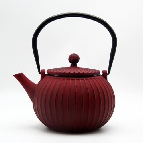 Qfmr 鉄瓶 IH対応 急須兼用 茶こし付き 直火/IH/電磁調理器OK 鉄分補給 伝統工芸品 和風デザイン (19*19*20.8CM,レッド)