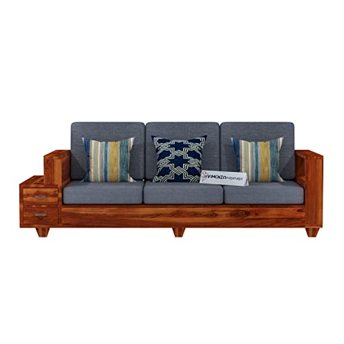 Image of Sheesham Wood 5 Seater Sofa Set with 2 Drawer Storage | 3+1+1 Wooden Sofa Set Furniture for Living Room Home Office (Honey Finish)